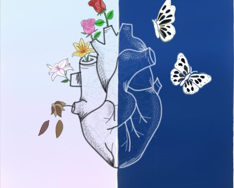 A digital art of a heart, half in the light (with flowers) and half in the dark(with butterflies)