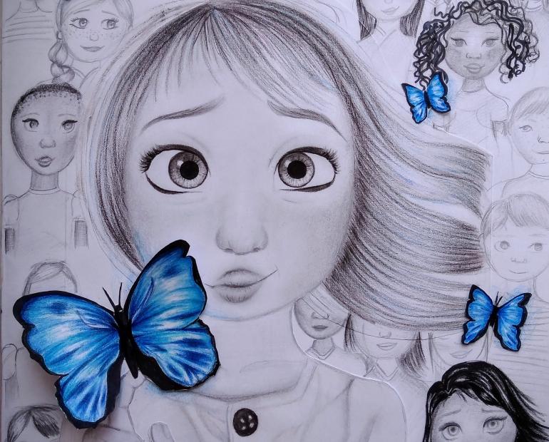 Niñas con mariposas azules 