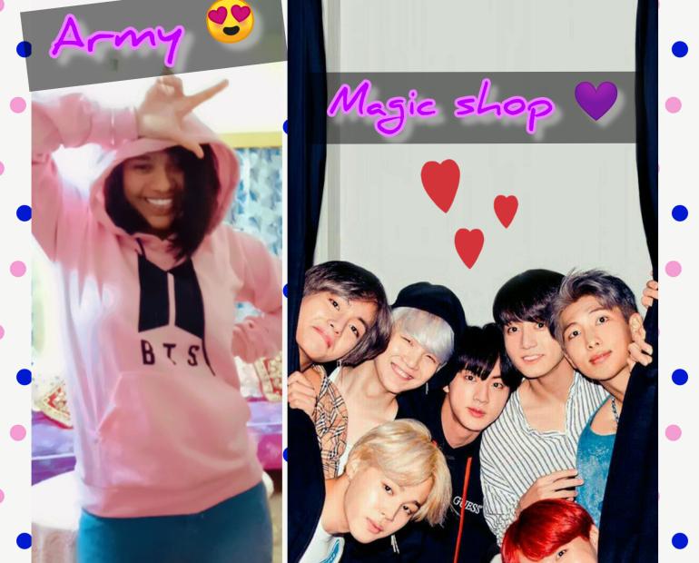 This image contains my picture as well as BTS picture saying me as Army and them as my Magic Shop.