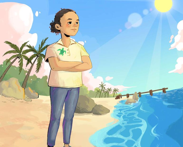 An illustration if Maria in the beach, looking at the ocean, with arms crossed in a defiant pose.