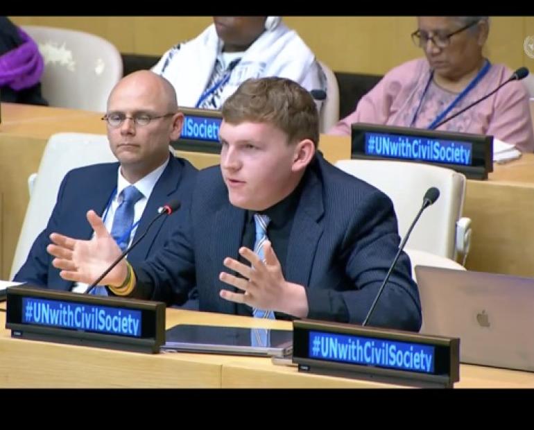 Sean Schrader speaking at UN Civil Society Townhall