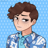 Cartoon Avatar of The Midnight One. He is pale, with brown eyes and an unimpressed expression. He has short brown curly hair and wears an open button up shirt with a blue t-shirt underneath.